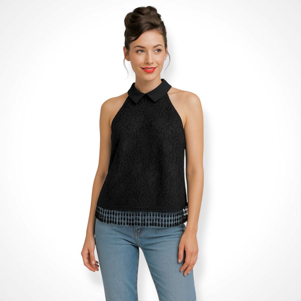 Collective Concepts Peter Pan Collared Top in Black Floral Lace